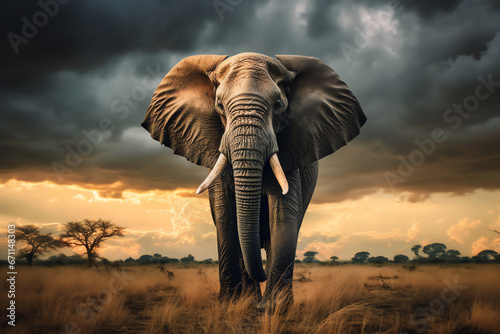 majestic elephant in the plain at sunset with clouds, AI generated