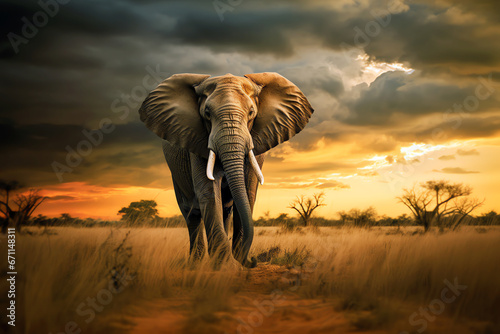 majestic elephant in the plain at sunset, AI generated