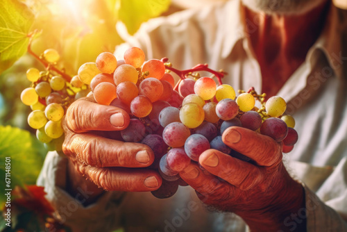 Farmer holds freshly picked ripe juicy grape in his hands