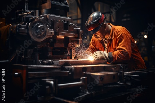 Machine operators skillfully operate steel forming machinery, making cylinder-rolled steel