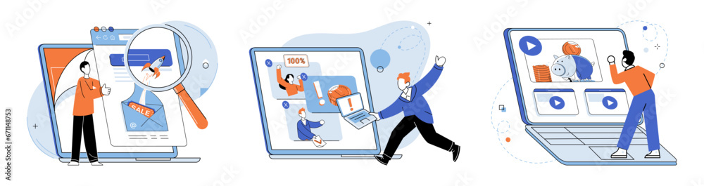 Fototapeta premium Online advertising vector illustration. The global nature online advertising enables businesses to reach diverse audience Optimization techniques help fine tune online advertising strategies