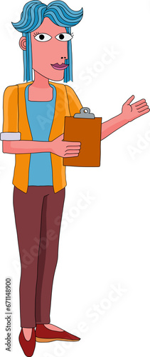A woman with a clipboard pointing out or showing something business illustration. In an original abstract cubist flat modern cartoon style.