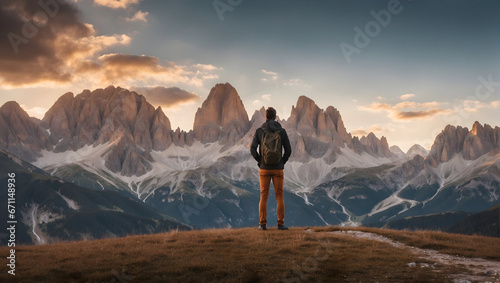 concept of freedom, back view of a man standing on a mountain with a view of the peaks of the Dolomites in Italy before sunset