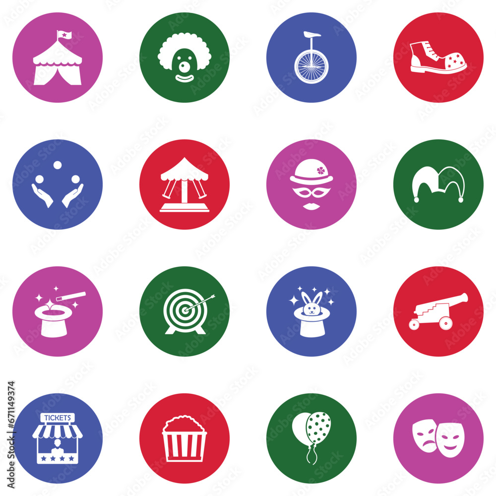 Circus Icons. White Flat Design In Circle. Vector Illustration. Circus Icons. White Flat Design In Circle. Vector Illustration.