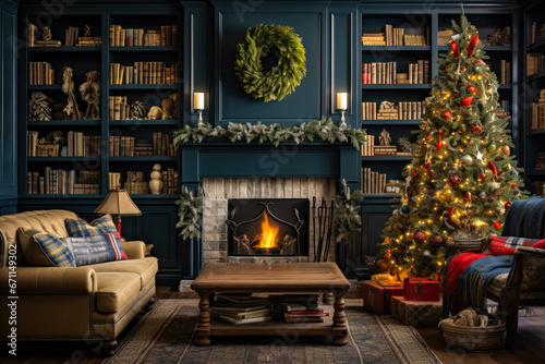 Christmas and New Year s Eve decor in cozy home interiors with the color palette of deep blue vibrant red pale yellow and seafoam green 