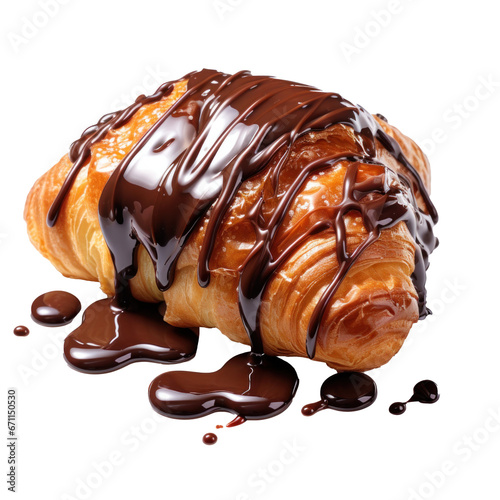 a croissant drizzled with chocolate syrup isolated
