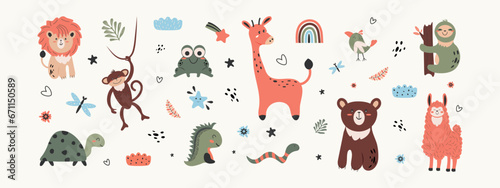 Collection of safari animals on a light background. Vector design in doodle style