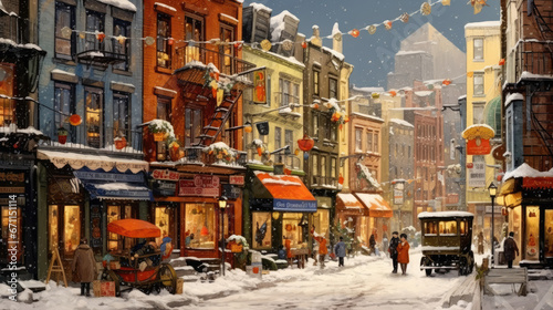 A snowy city street with people shopping for gifts. © Chien