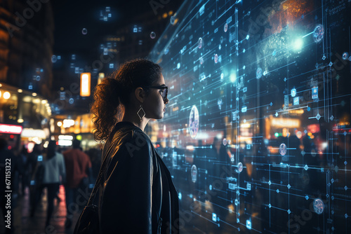 A girl looks at a holographic interactive screen on a city street. The City of the future. Augmented reality.
