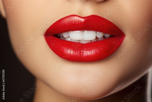 Lips with red lipstick and ultra white teeth, young woman face