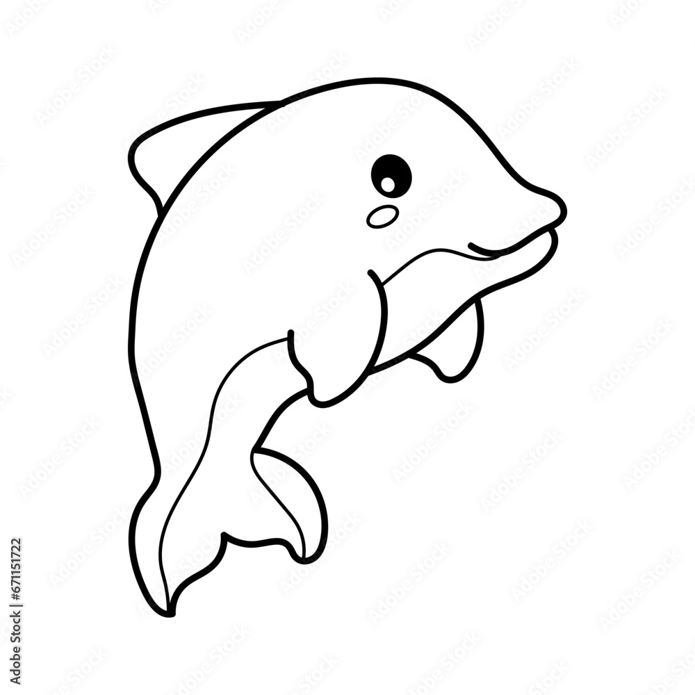 Dolphin. Coloring page, coloring book page. Black and white vector illustration.