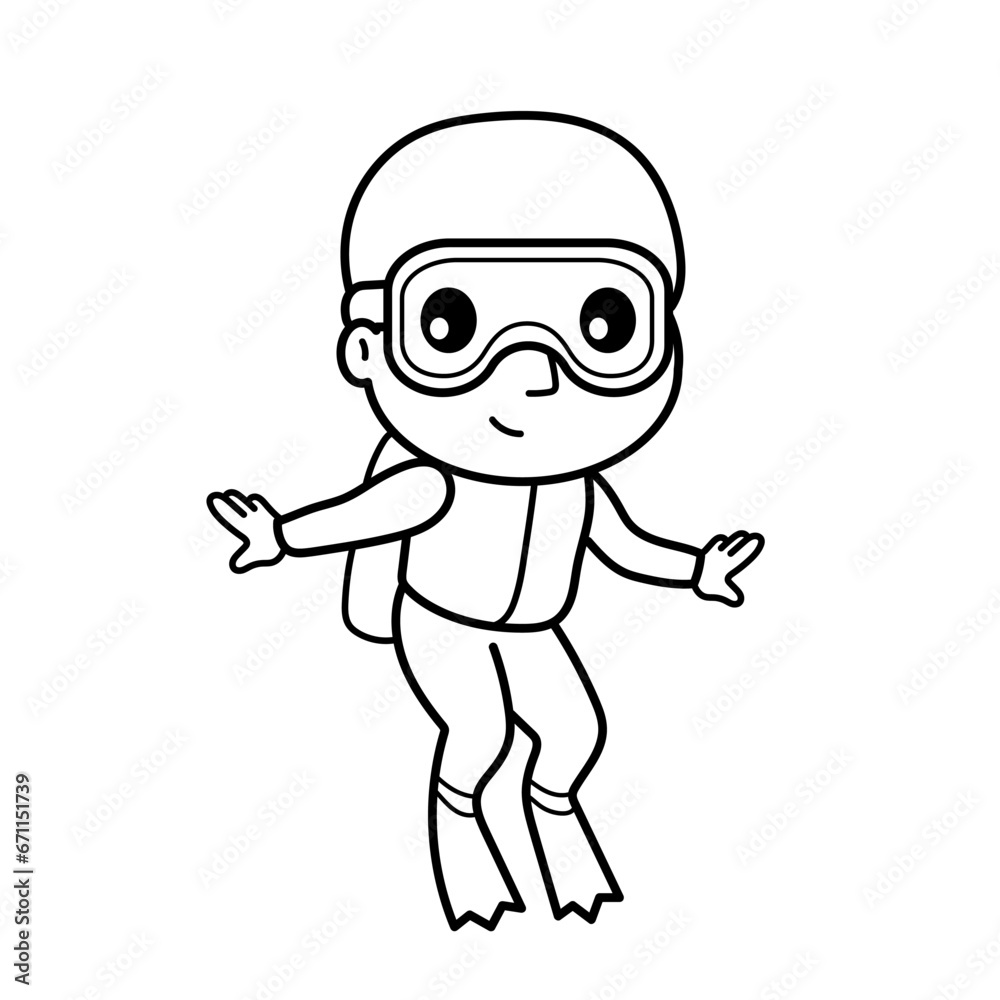 Scuba Diver. Coloring page, coloring book page. Black and white vector illustration.