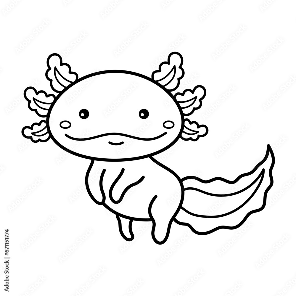 Fototapeta premium Axolotl. Coloring page, coloring book page. Black and white vector illustration.