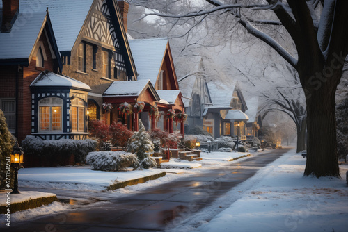 cute residential houses in snowy winter neighborhood. christmas holiday season © Olesia Bilkei