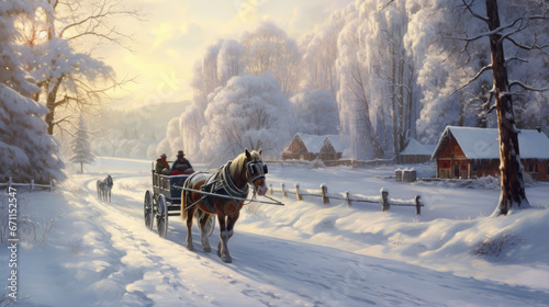 A winter scene with a horse-drawn sleigh ride through the snow-covered countryside. © Chien