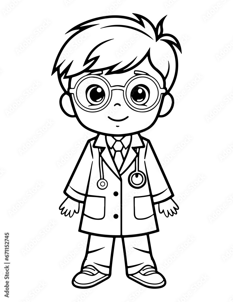 Black and white cartoon illustration of little boy in costume of doctor for Coloring Book Black and white cartoon illustration of little boy in costume of doctor for Coloring Book