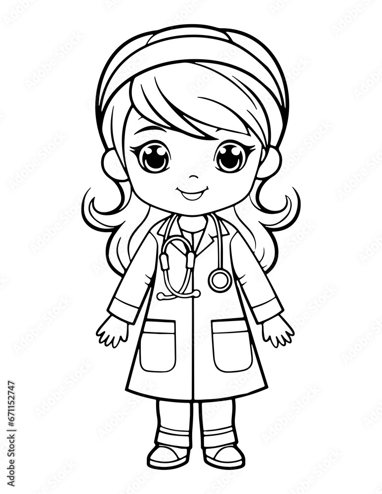 Black and white cartoon illustration of little girl in costume of doctor for Coloring Book Black and white cartoon illustration of little girl in costume of doctor for Coloring Book