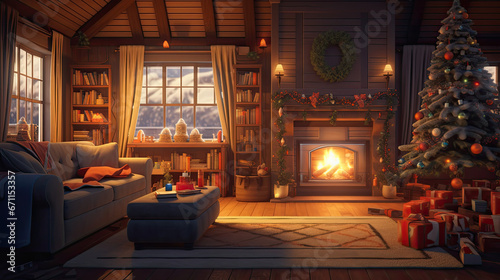 A cozy living room with a lit fireplace and Christmas decorations.