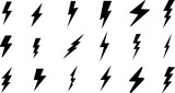 Lightning, vector illustration, black bolts, white background. Perfect for graphic design, web design, print design projects. Different sizes, angles of bolts. Solid black, no shading or texture.