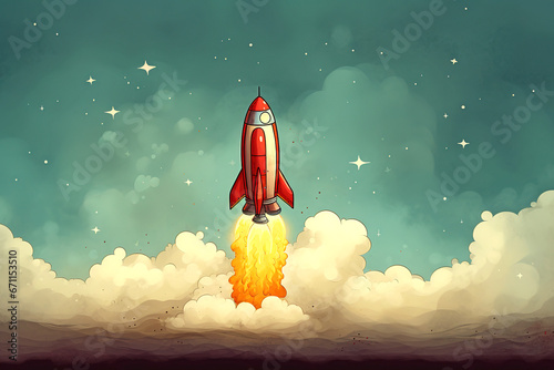 Cartoon spaceship rocket takes off into space, children's book illustration