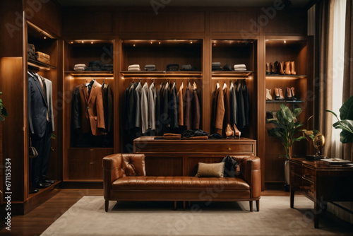 a photo of a interior of a luxury male wardrobe full of expensive suits, shoes and other clothes. Generative AI © Abdul