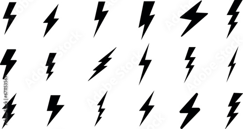 Lightning, vector illustration, black bolts, white background. Perfect for graphic design, web design, print design projects. Different sizes, angles of bolts. Solid black, no shading or texture. photo