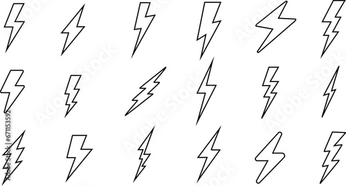 Lightning bolts line icons vector illustration, black and white seamless pattern, symbolizing power, energy, and danger. Perfect for weather-related designs, electric themes, and storm visuals photo
