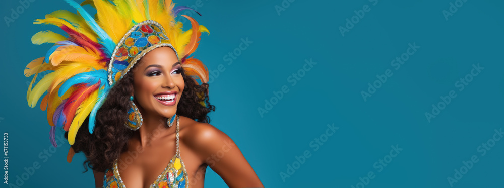 happy woman in carnival costume on color background, generative ai - obrazy, fototapety, plakaty 