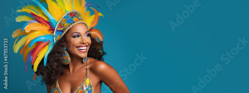 happy woman in carnival costume on color background, generative ai photo