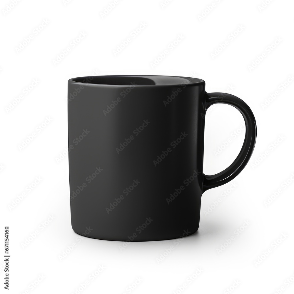 A black coffee mug with a handle on a white background, mug mockup, copy-space. A black coffee mug with a handle on a white background, mug mockup, copy-space.