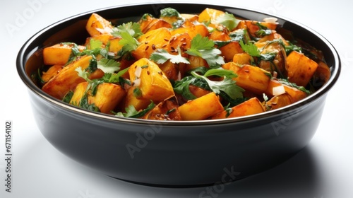 A black bowl filled with lots of food, potato and vegetable curry.