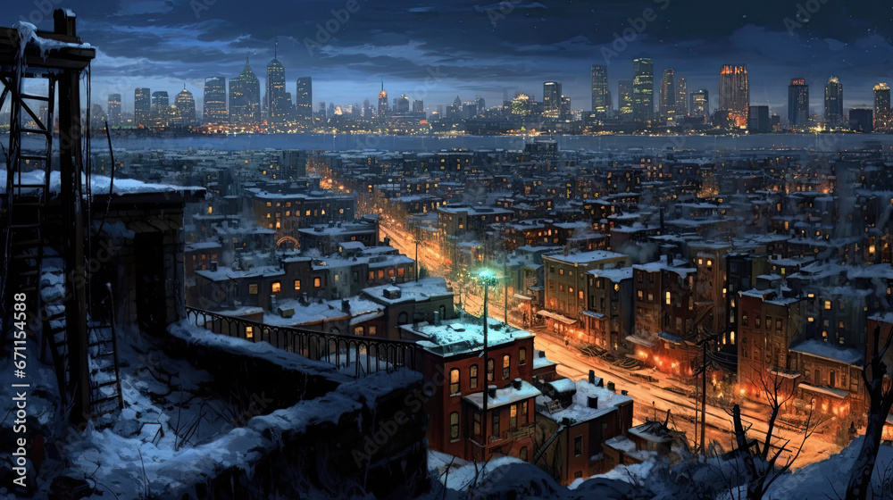 A panoramic view of a snow-covered cityscape at night.