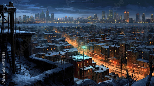 A panoramic view of a snow-covered cityscape at night.