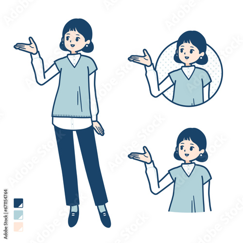 ニットベスト女性が解説しているイラスト