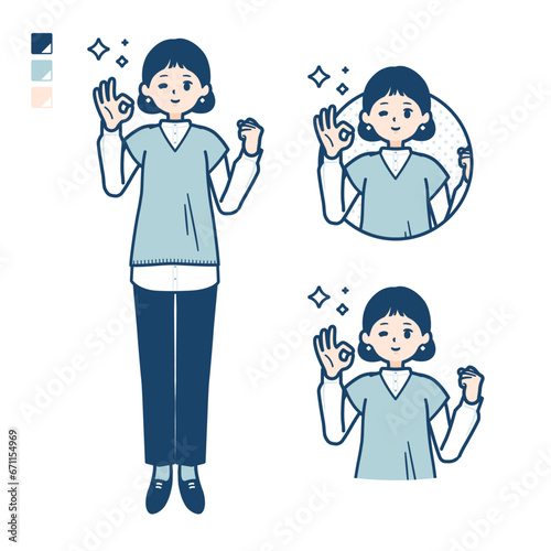 ニットベスト女性が挨拶をしているイラスト