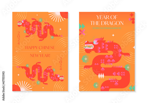 Year of the dragon 2024.Chinese New Year greeting poster templates.Festive vector backgrounds in flat modern style with geometric symbols.Holidays designs for branding invitations prints social media