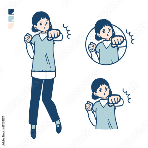 ニットベスト女性が正面にパンチしているイラスト