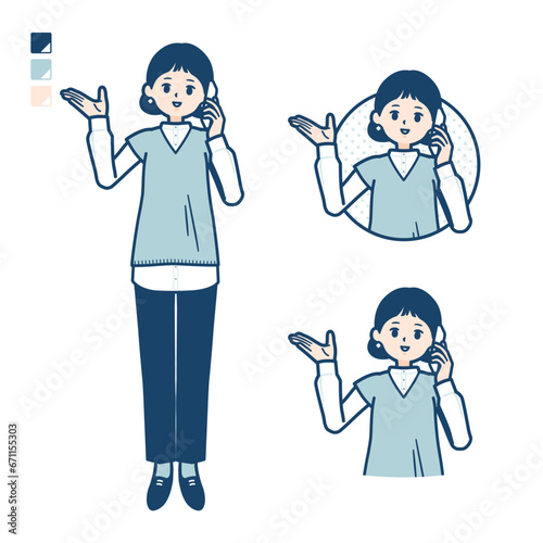 ニットベスト女性がスマートフォンで通話しているイラスト