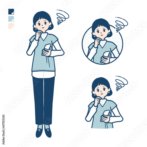 ニットベスト女性がスマートフォンを持ち困っているイラスト