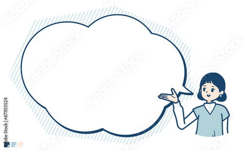 ニットベスト女性が吹き出しで解説しているイラスト