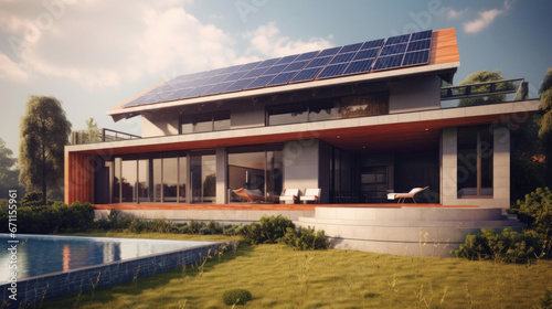 A house with solar panels on the roof. Concept of Sustainable and clean energy at home.