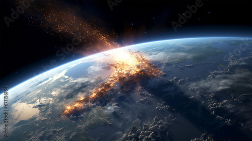 view from space meteoritrs with firetrail approaching Earth