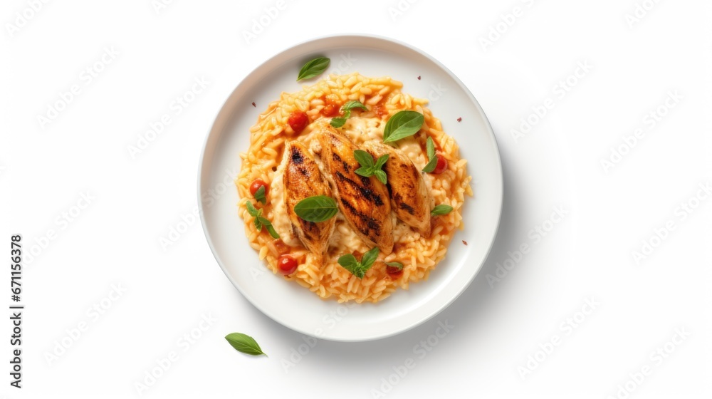 A white plate topped with pasta and meat, tasty risotto dish. A white plate topped with pasta and meat, tasty risotto dish.