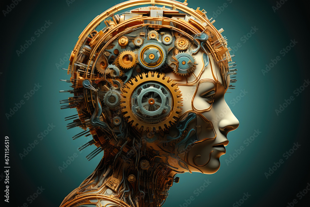 Obraz premium Synergy of Thought: Human Brain and AI Gears in Harmony