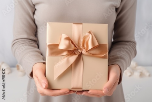 Woman hands holding gift boxwith satin ribbon. Christmas, birthday, saint valentine, mothers day idea