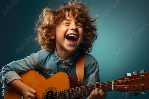 Smiling Child Playing Guitar on a Clear Background