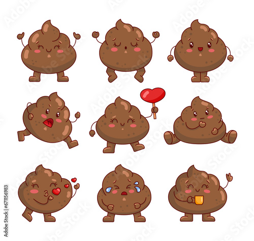 Cute funny poop with arms and legs. Cartoon kawaii characters. Emoticon face. Hand drawn style. Vector drawing. Collection of design elements.