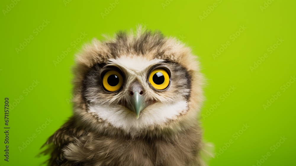 A young owl or owlet portrait in a green studio. AI Generated. This image evokes surprise, suspicion, questioning, and knowledge through the use of the owl's huge eyes and curious personality. A young owl or owlet portrait in a green studio. AI Generated. This image evokes surprise, suspicion, questioning, and knowledge through the use of the owl's huge eyes and curious personality.