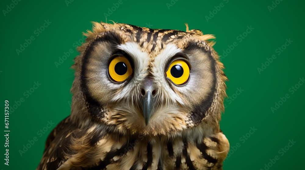 Fototapeta premium A wise old owl portrait in a green studio. AI Generated. This image evokes surprise, suspicion, questioning, and knowledge through the use of the owl's huge eyes and curious personality.