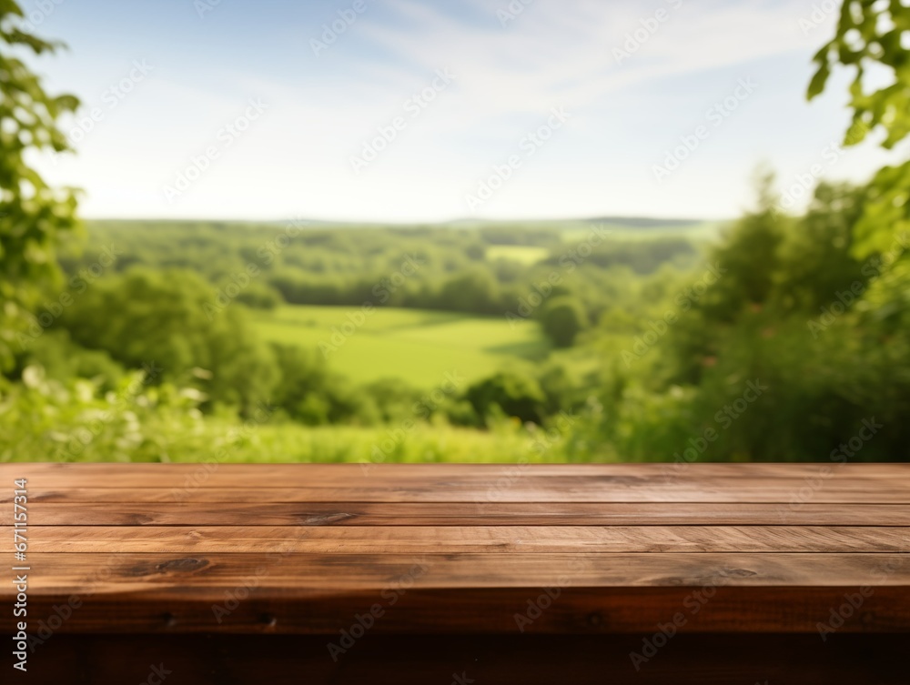 Empty wooden table with beautiful blurred green filed or garden background for mockup product